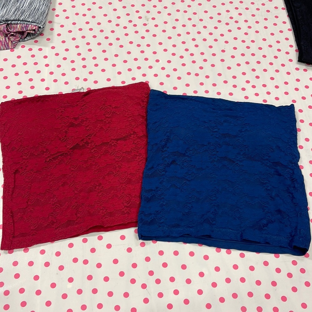 2 lace tube tops, one size RUNS SMALL, built in foam bra cups, navy and red